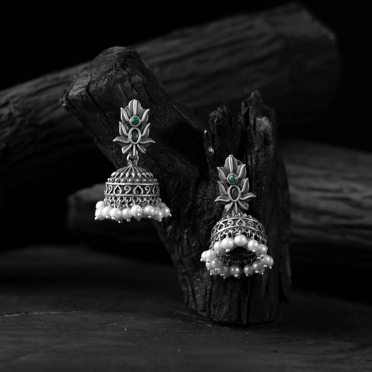 Saanjh Bela Green Lotus Oxidised Jhumka Earrings