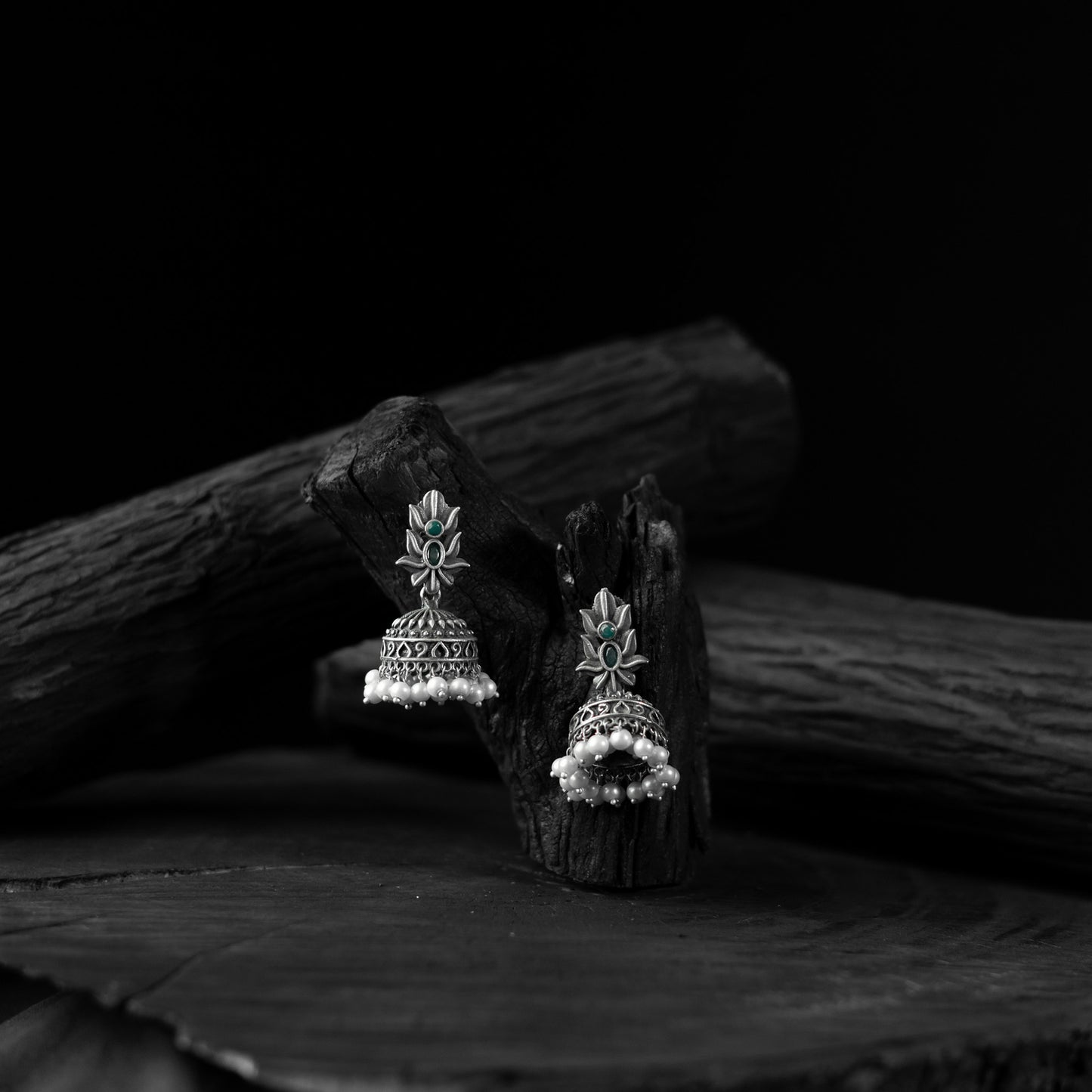 Saanjh Bela Green Lotus Oxidised Jhumka Earrings