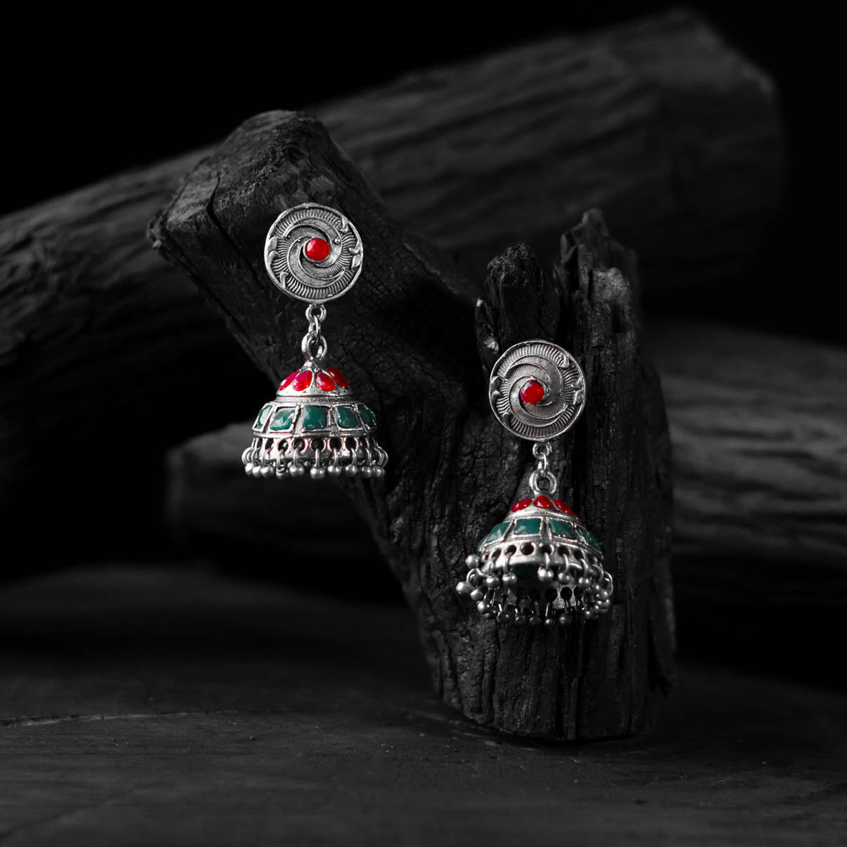 Saanjh Bela Red & Green Dome Oxidised Jhumka Earrings