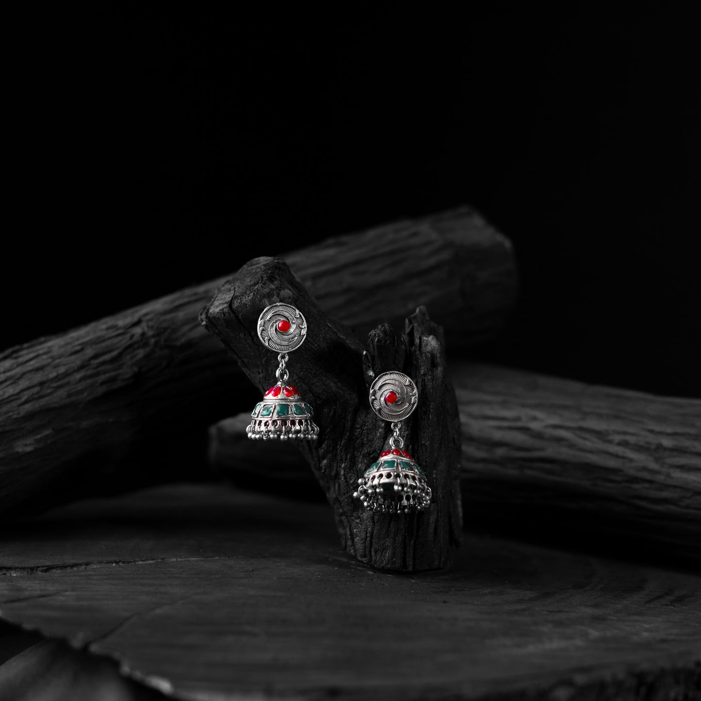 Saanjh Bela Red & Green Dome Oxidised Jhumka Earrings