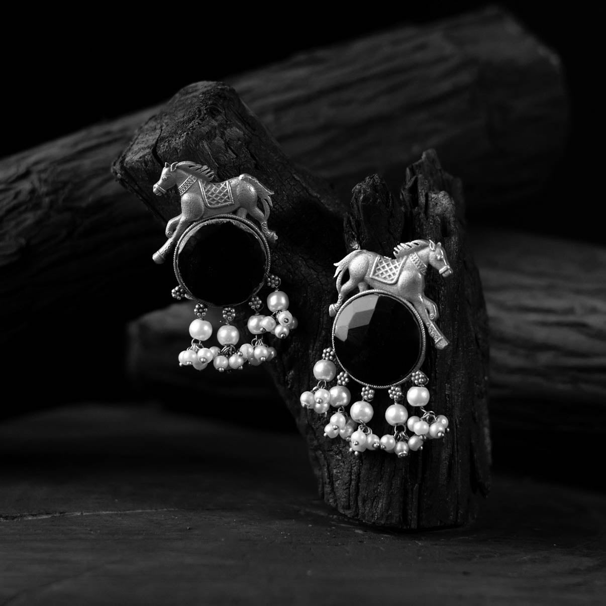 Saanjh Bela Black Horse Motif Oxidised Earrings
