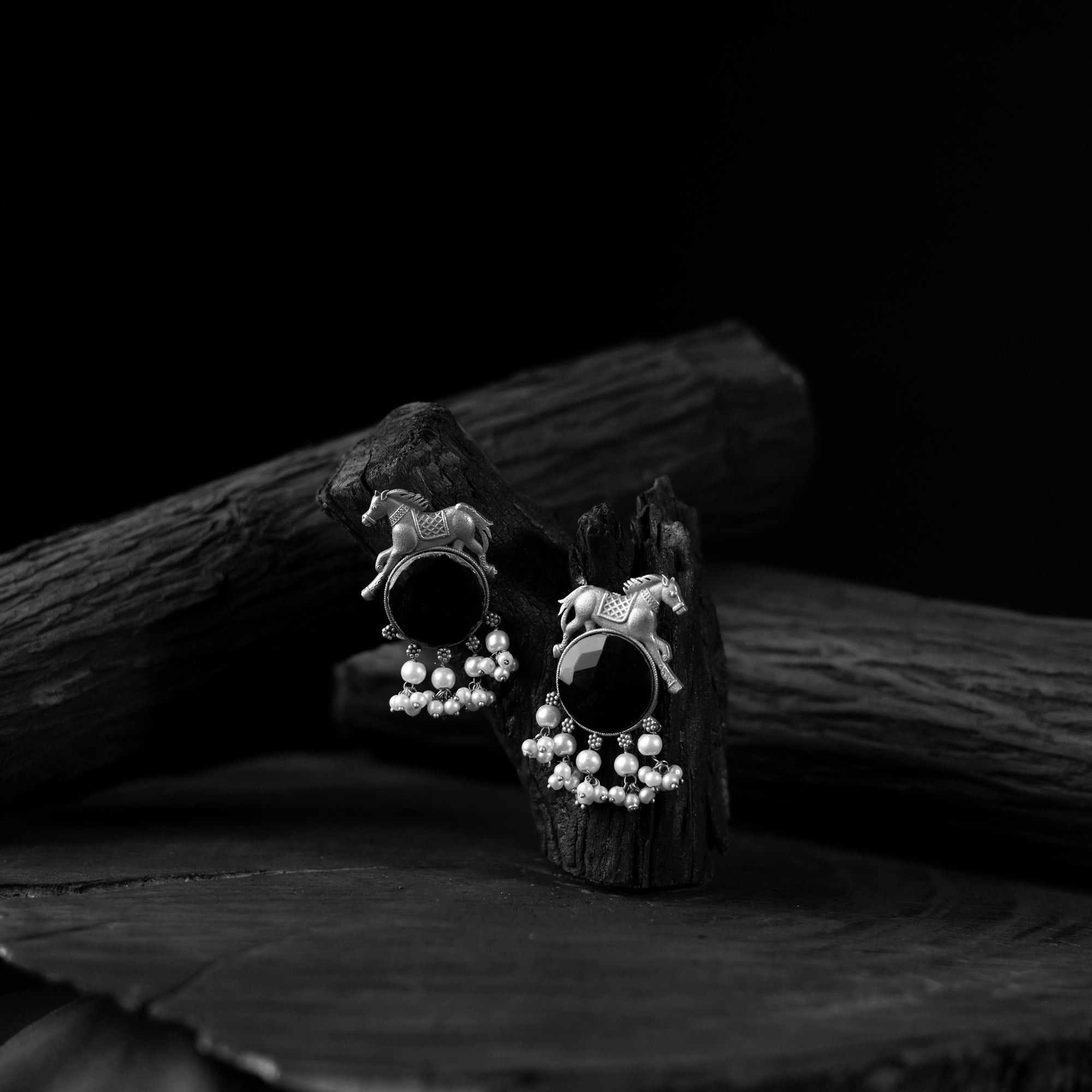 Saanjh Bela Black Horse Motif Oxidised Earrings