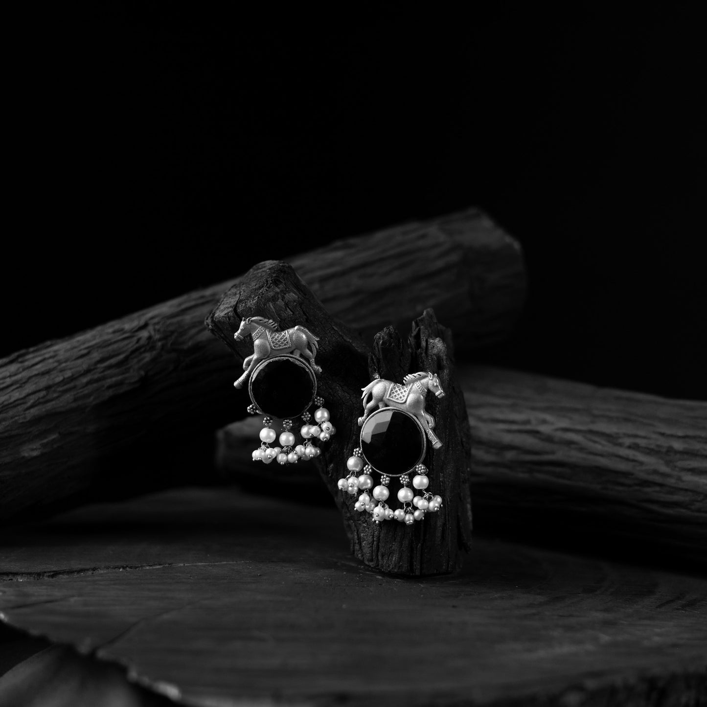 Saanjh Bela Black Horse Motif Oxidised Earrings