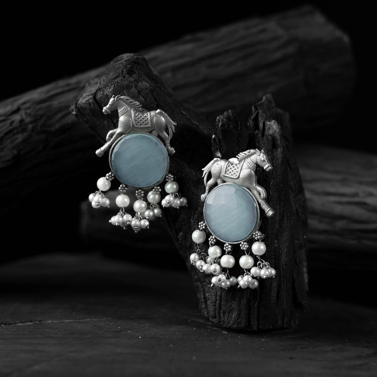 Saanjh Bela Sky Blue Horse Motif Oxidised Earrings