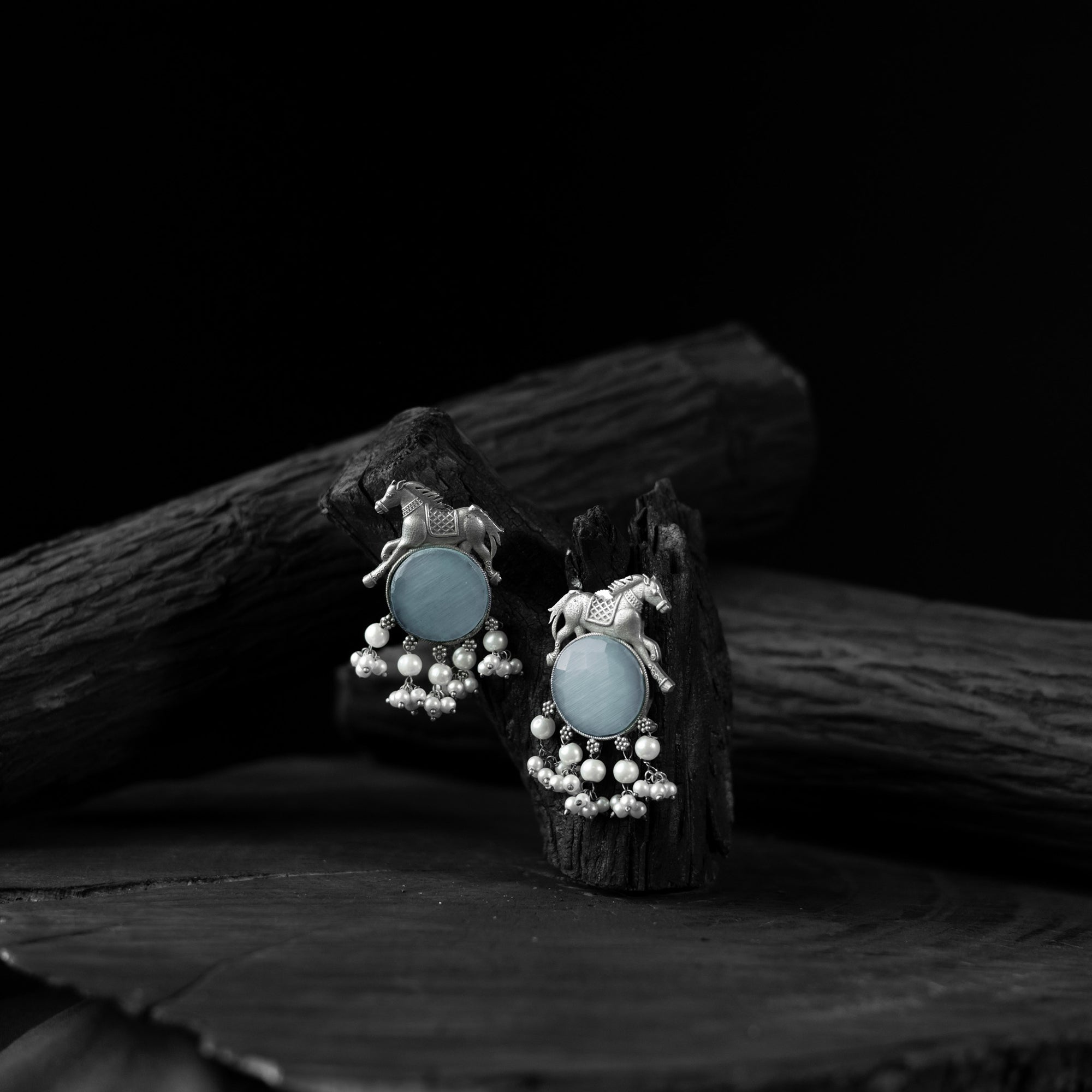 Saanjh Bela Sky Blue Horse Motif Oxidised Earrings