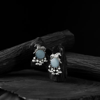 Saanjh Bela Sky Blue Horse Motif Oxidised Earrings
