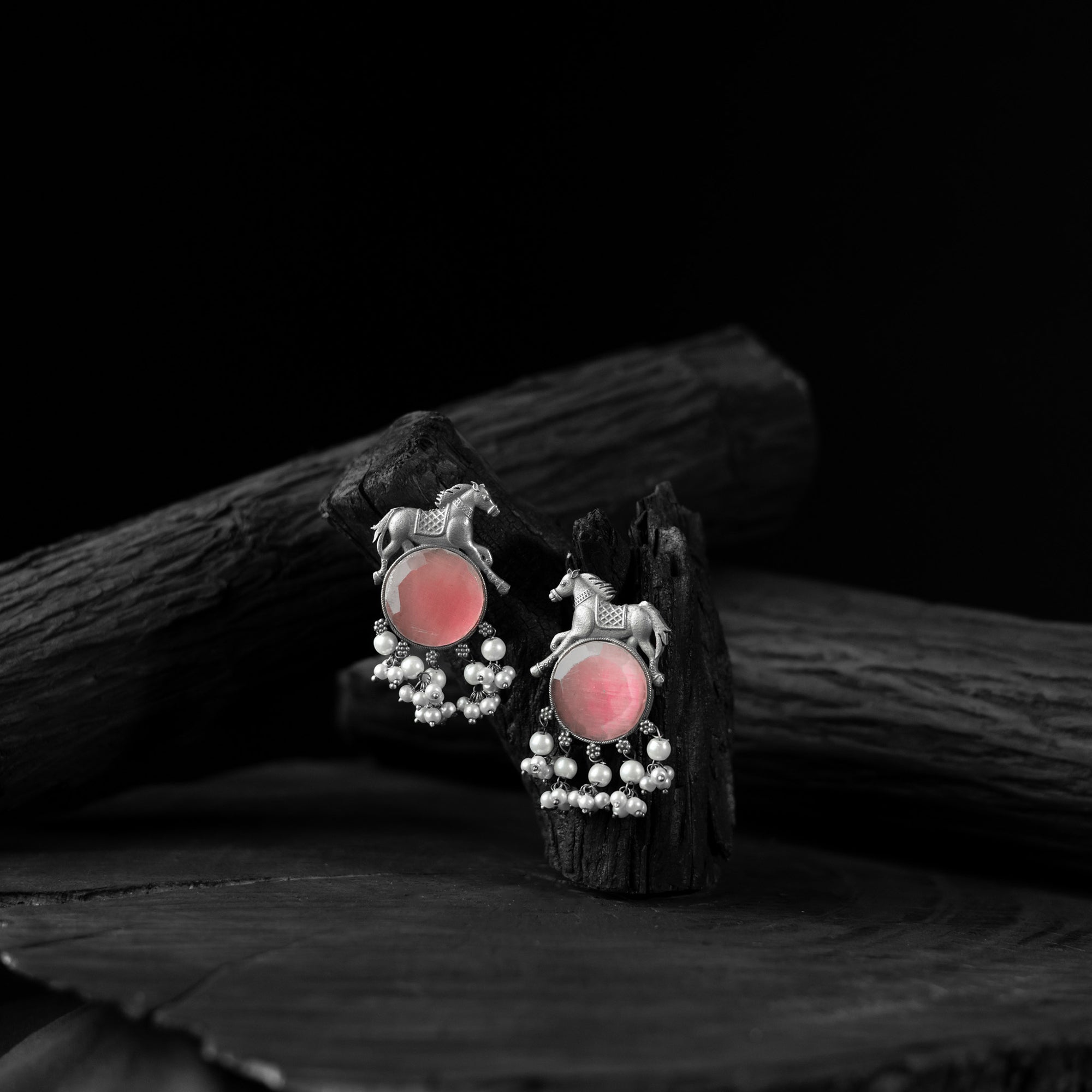 Saanjh Bela Pink Horse Motif Oxidised Earrings