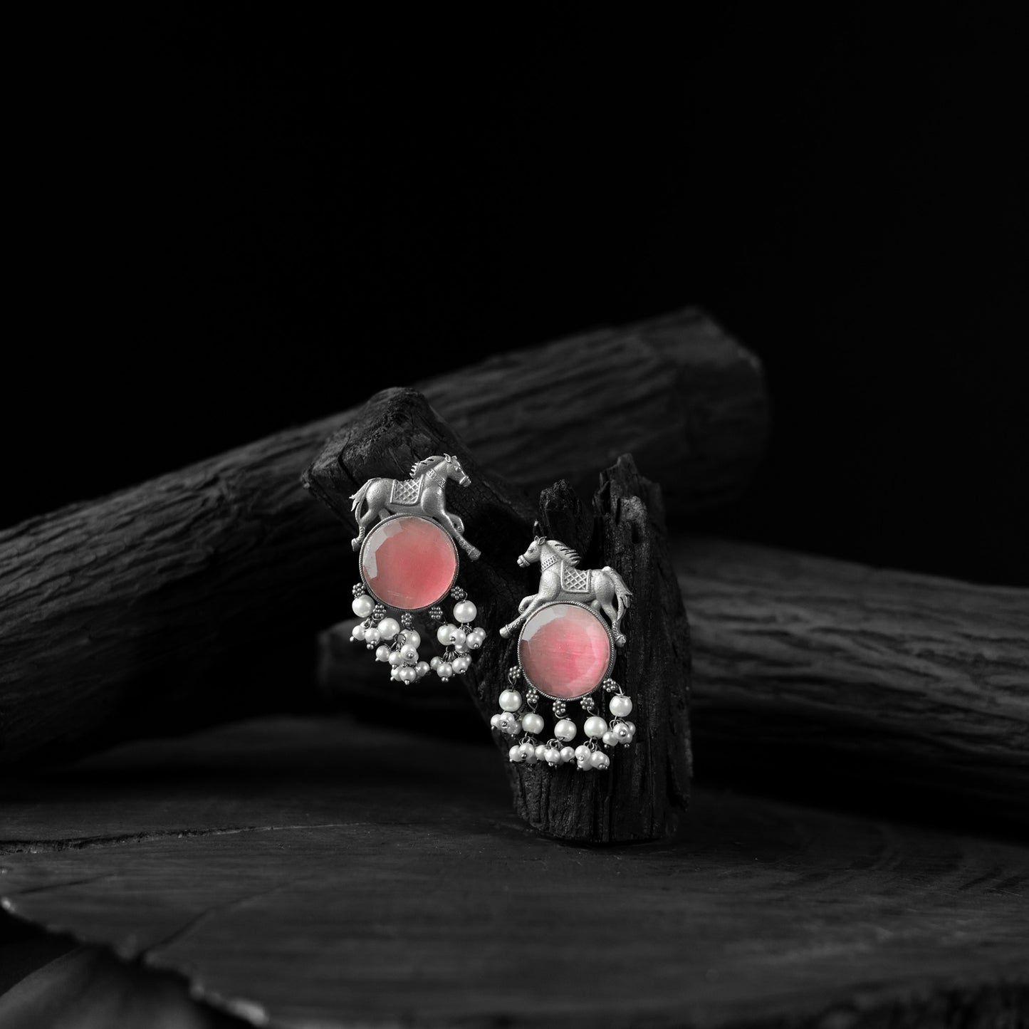 Saanjh Bela Pink Horse Motif Oxidised Earrings