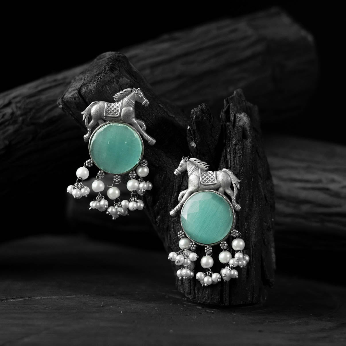Saanjh Bela Mint Green Horse Motif Oxidised Earrings