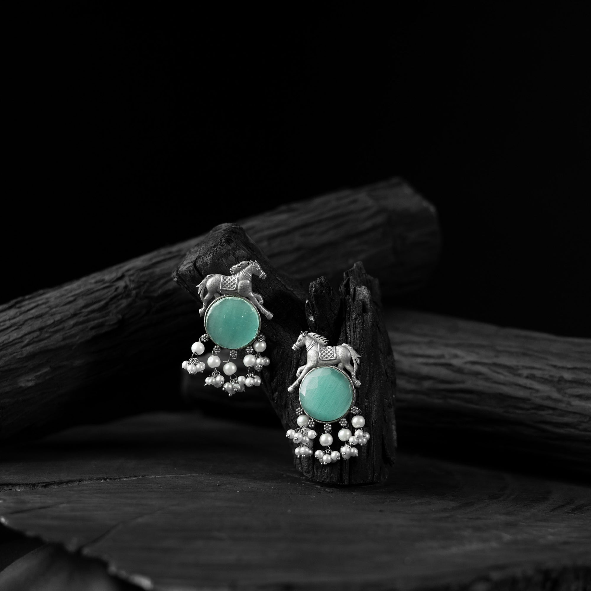 Saanjh Bela Mint Green Horse Motif Oxidised Earrings