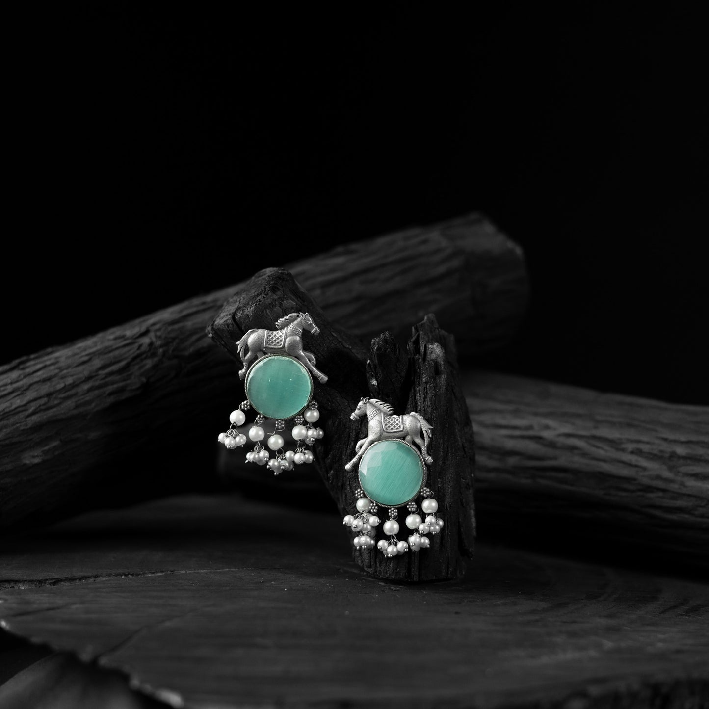 Saanjh Bela Mint Green Horse Motif Oxidised Earrings