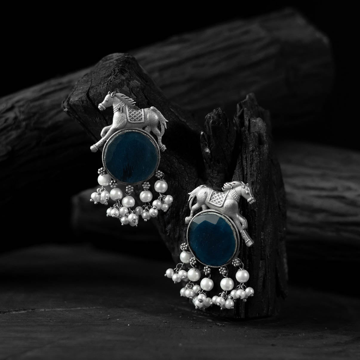 Saanjh Bela Blue Horse Motif Oxidised Earrings