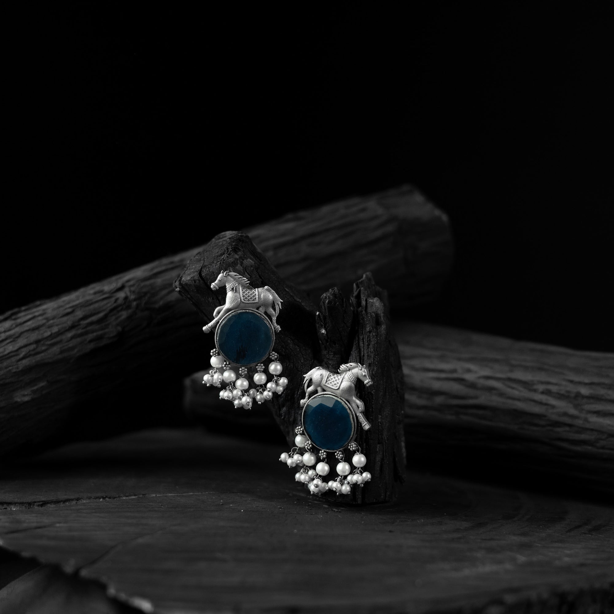 Saanjh Bela Blue Horse Motif Oxidised Earrings