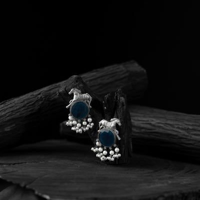 Saanjh Bela Blue Horse Motif Oxidised Earrings