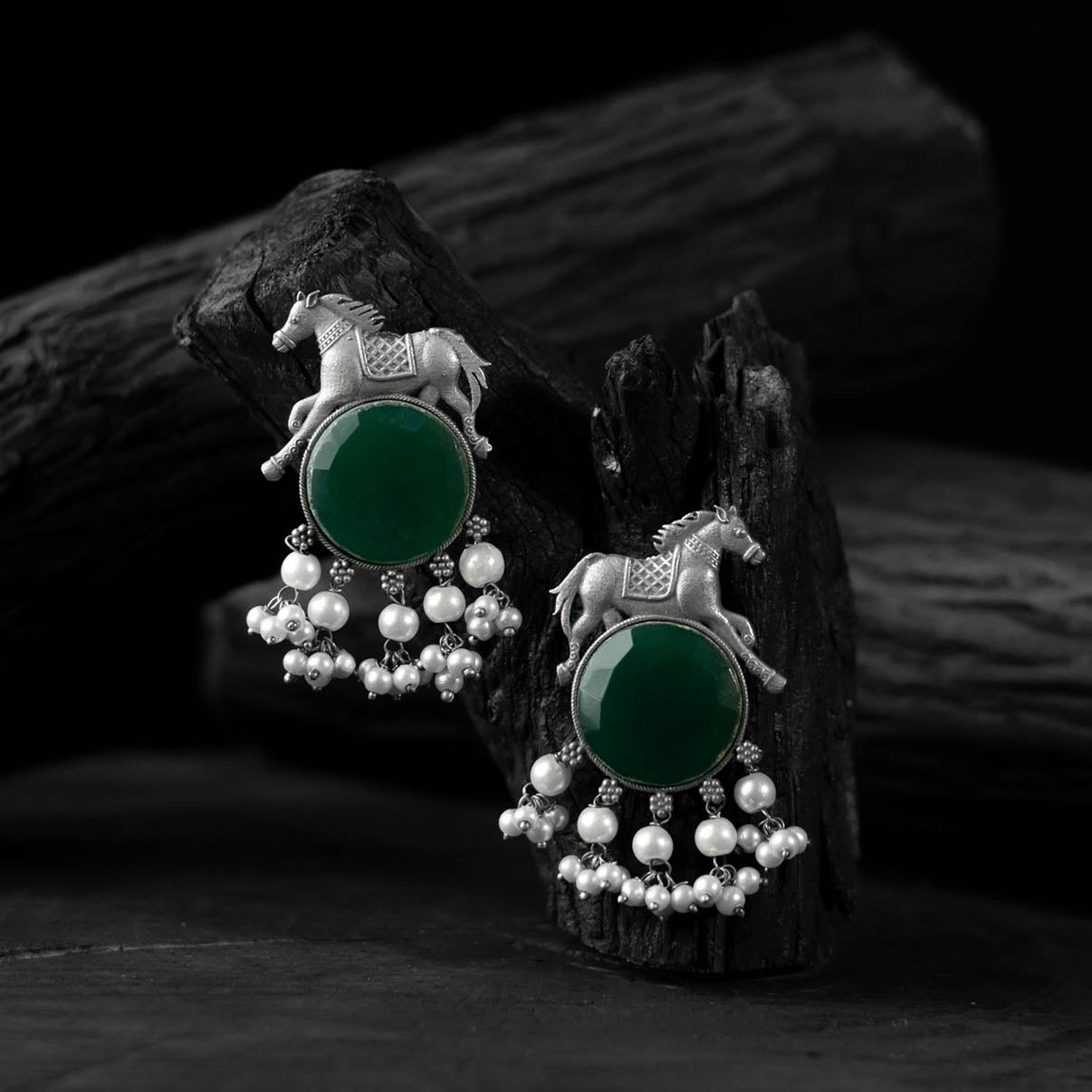 Saanjh Bela Green Horse Motif Oxidised Earrings