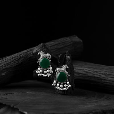 Saanjh Bela Green Horse Motif Oxidised Earrings