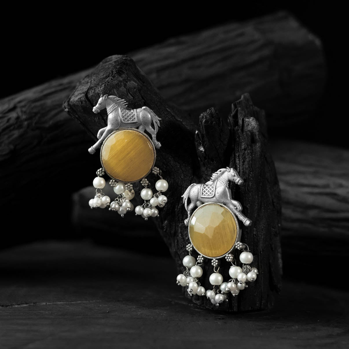 Saanjh Bela Yellow Horse Motif Oxidised Earrings