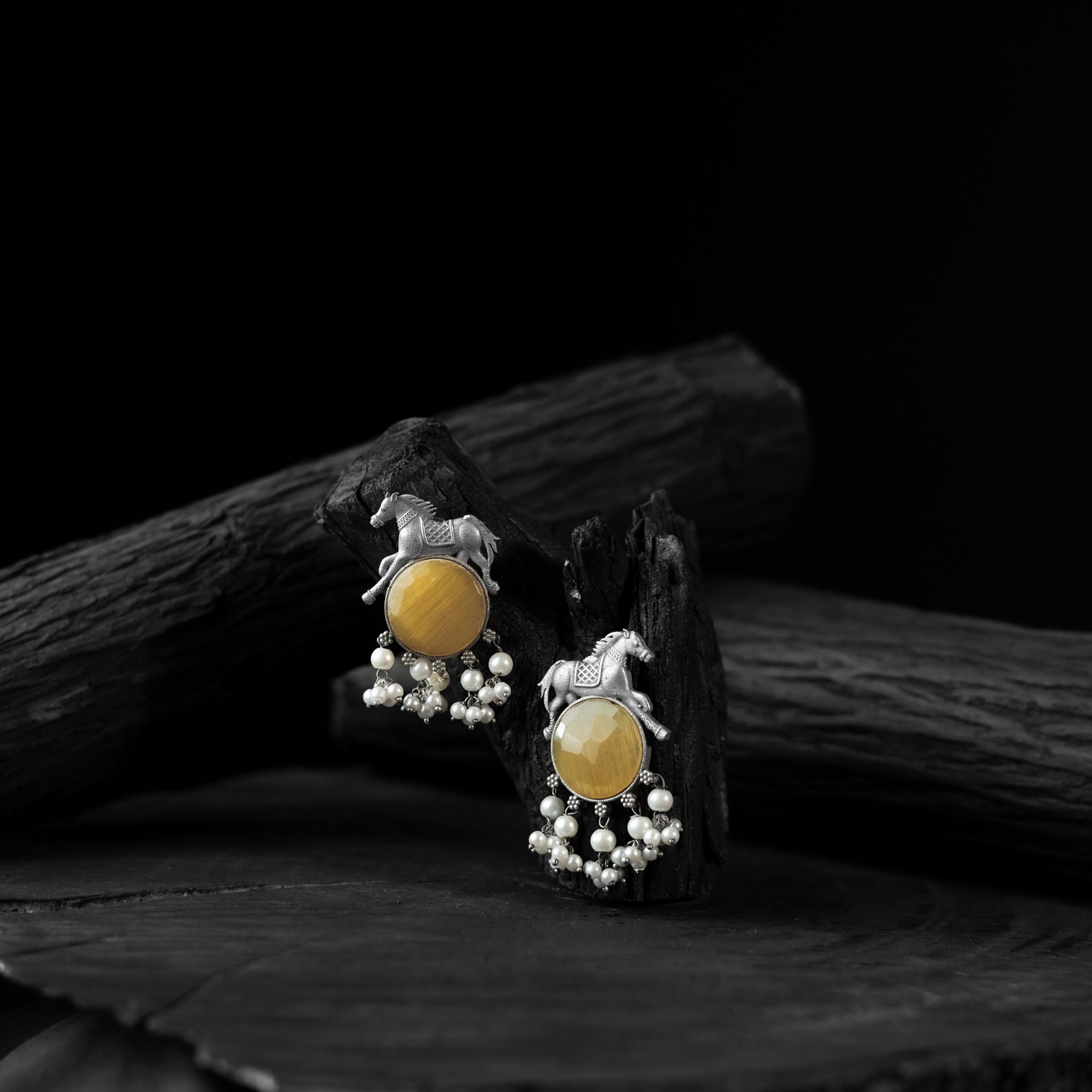 Saanjh Bela Yellow Horse Motif Oxidised Earrings