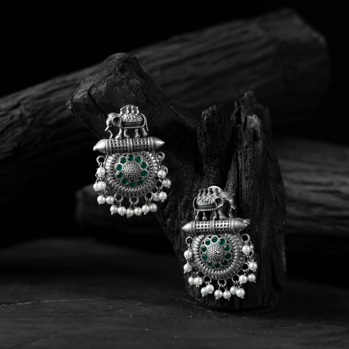 Green Elephant Motif Saanjh Bela Oxidised Earrings