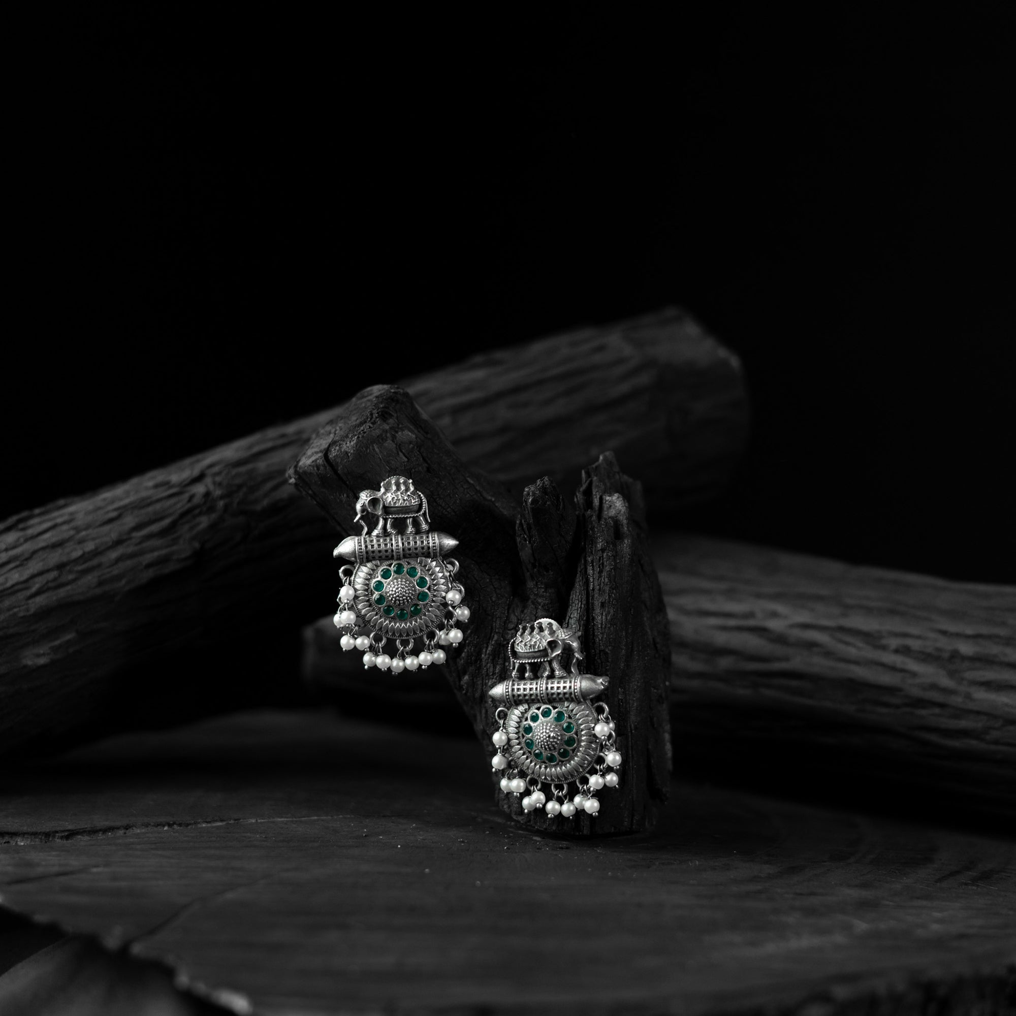 Green Elephant Motif Saanjh Bela Oxidised Earrings