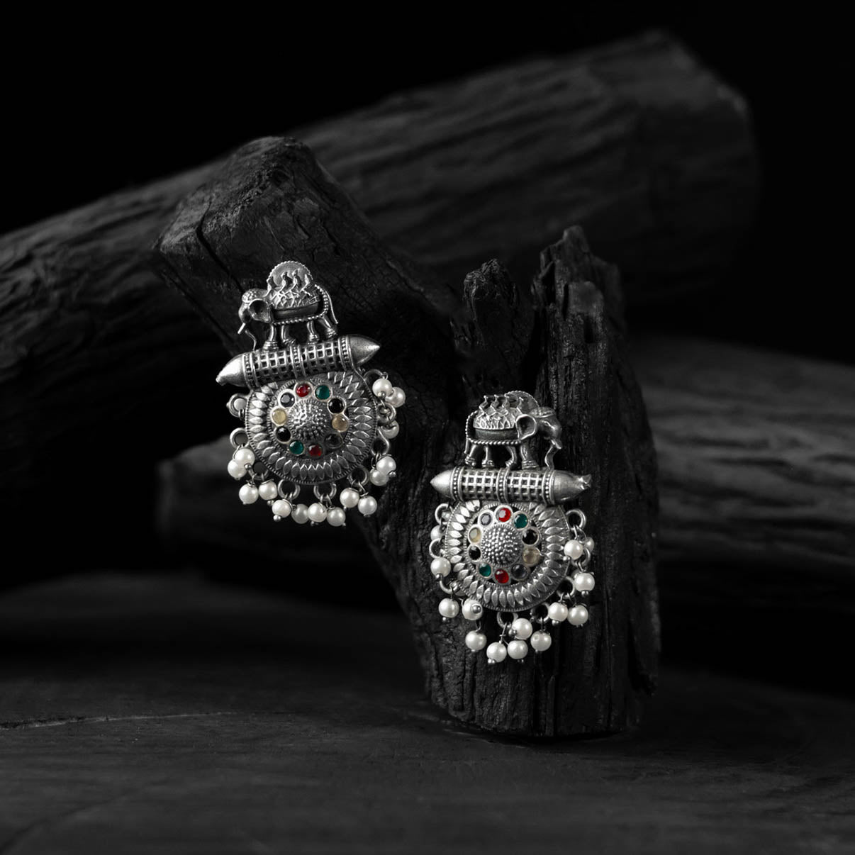 Multicolor Elephant Motif Saanjh Bela Oxidised Earrings