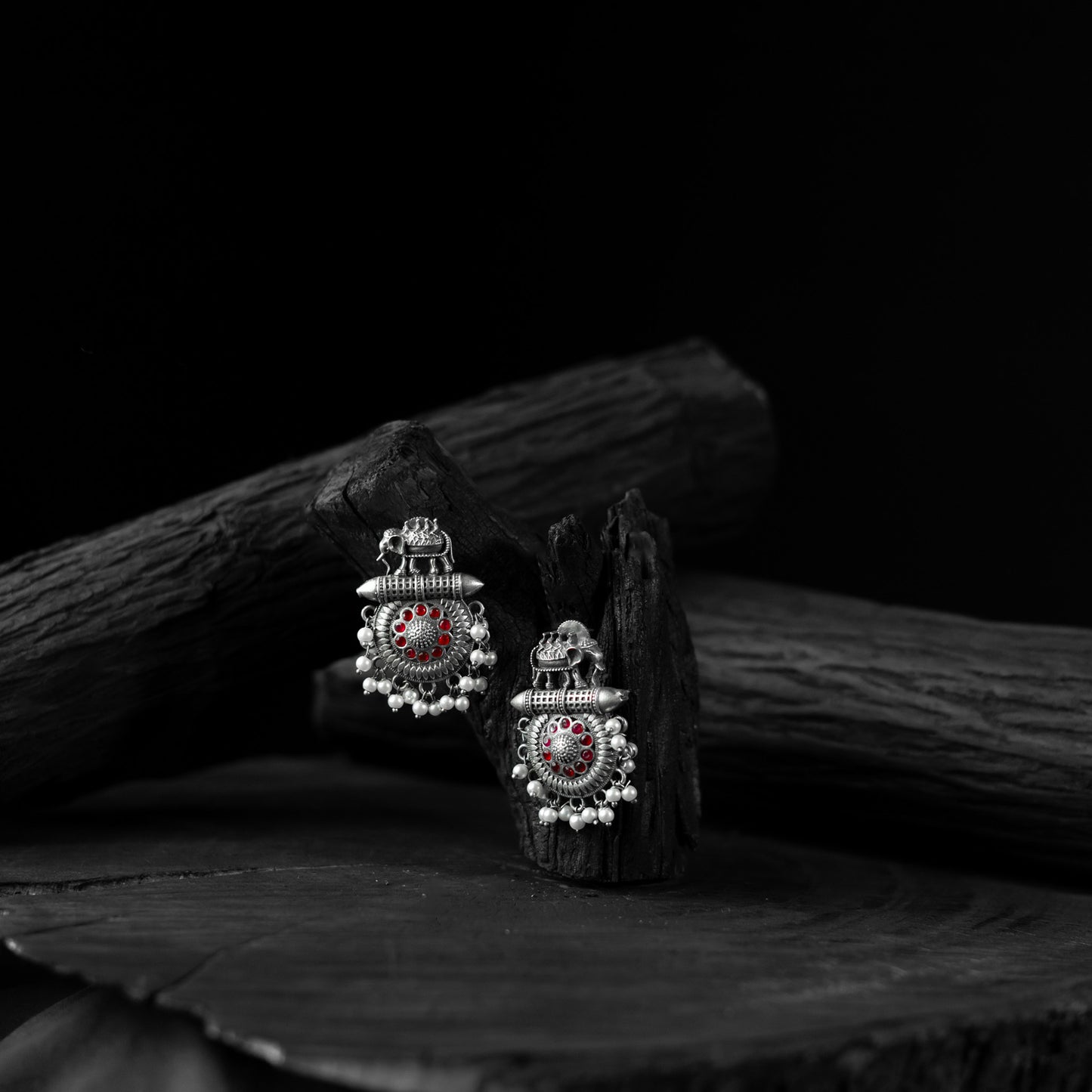 Ruby Elephant Motif Saanjh Bela Oxidised Earrings