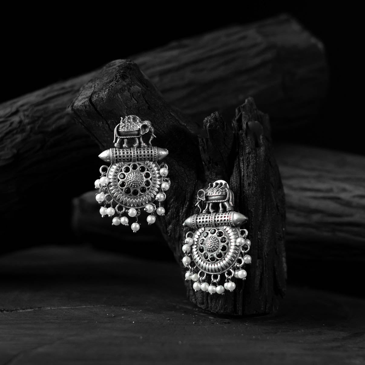 Elephant Motif Black Saanjh Bela Oxidised Earrings