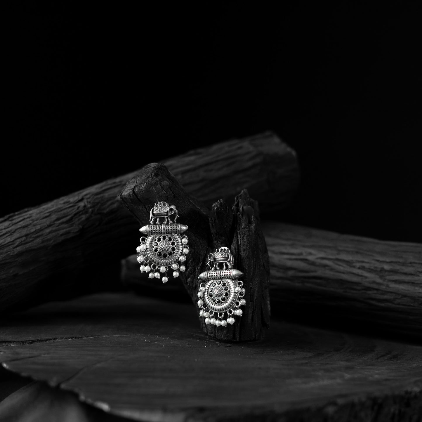 Elephant Motif Black Saanjh Bela Oxidised Earrings
