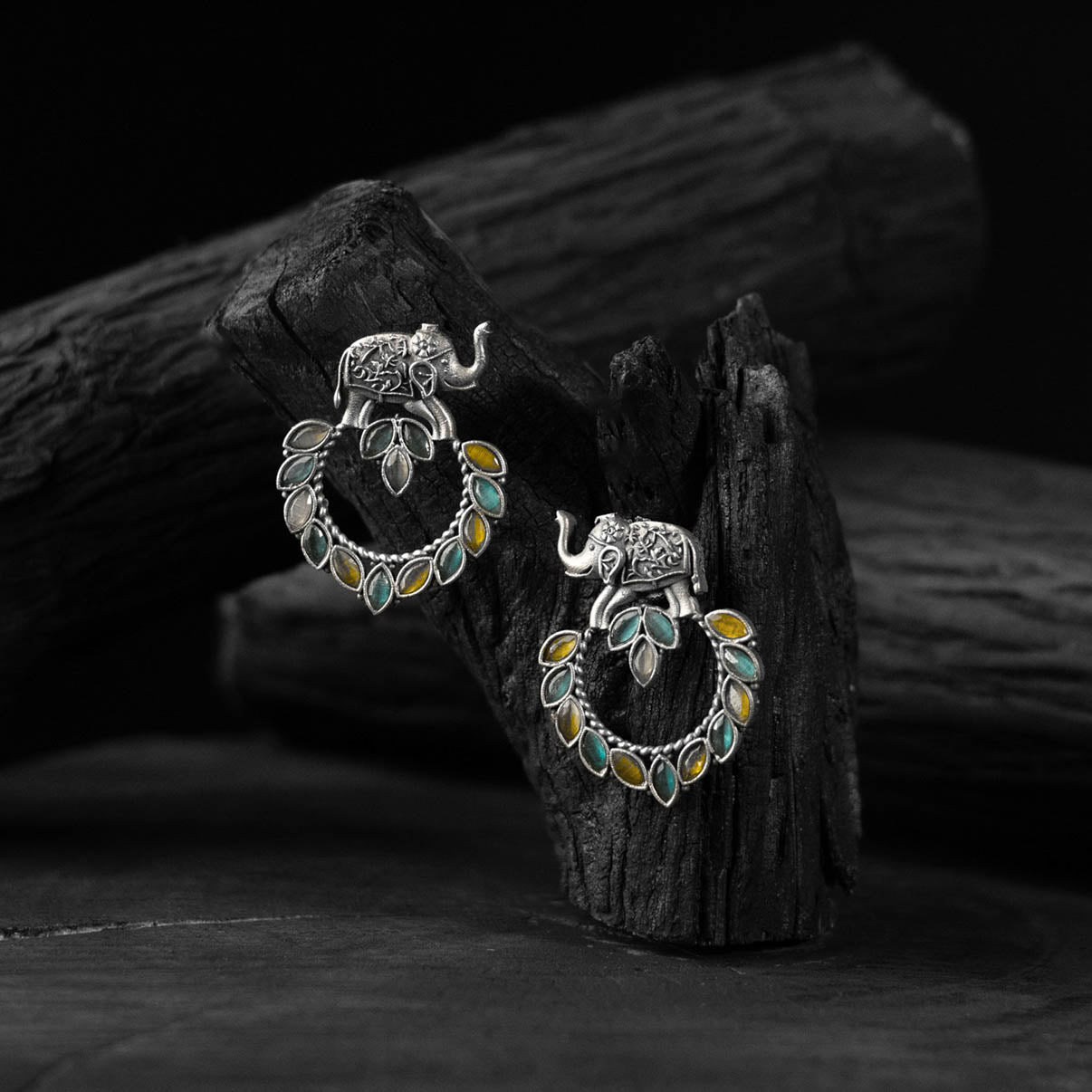 Green & Yellow Elephant Motif Saanjh Bela Oxidised Earrings