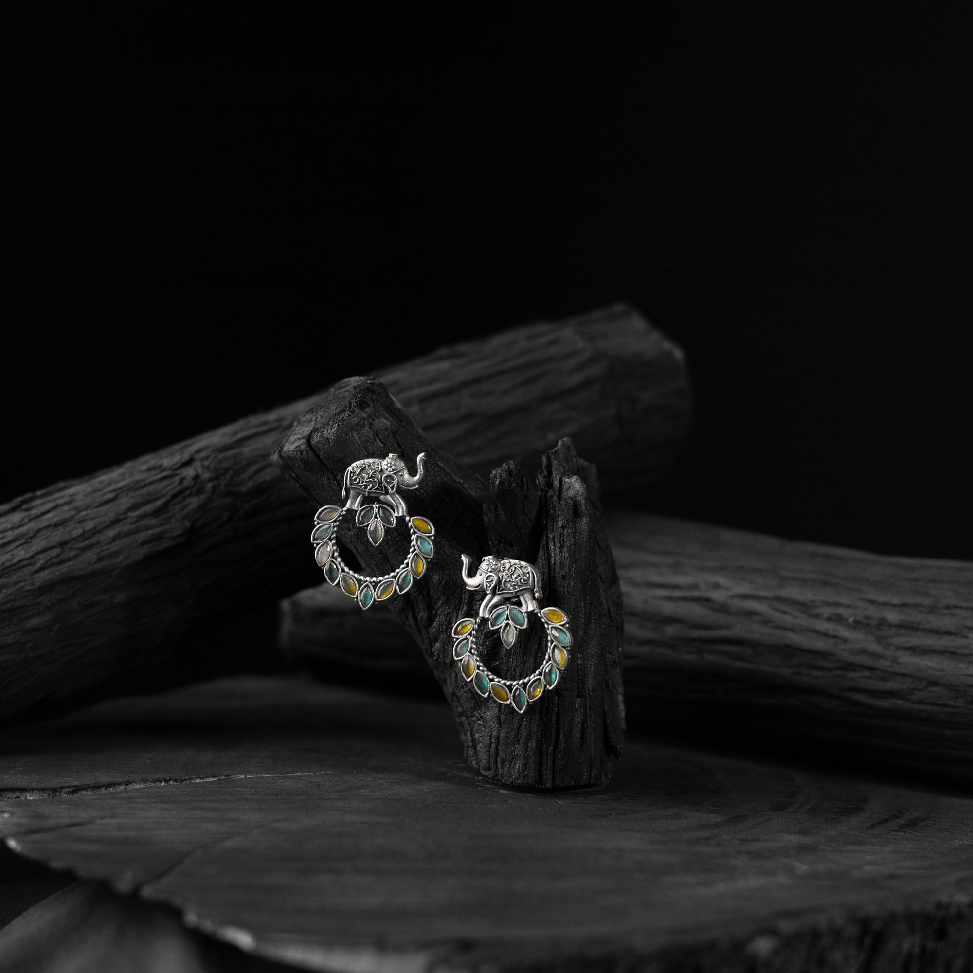 Green & Yellow Elephant Motif Saanjh Bela Oxidised Earrings