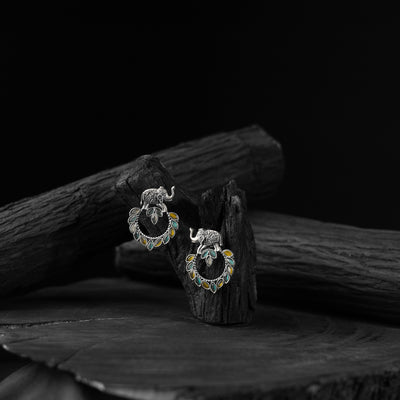Green & Yellow Elephant Motif Saanjh Bela Oxidised Earrings