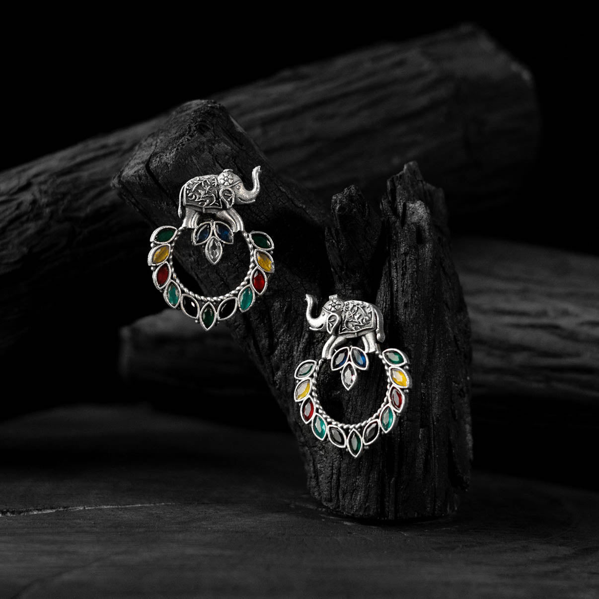 Saanjh Bela Elephant Motif Multicolor Oxidised Earrings