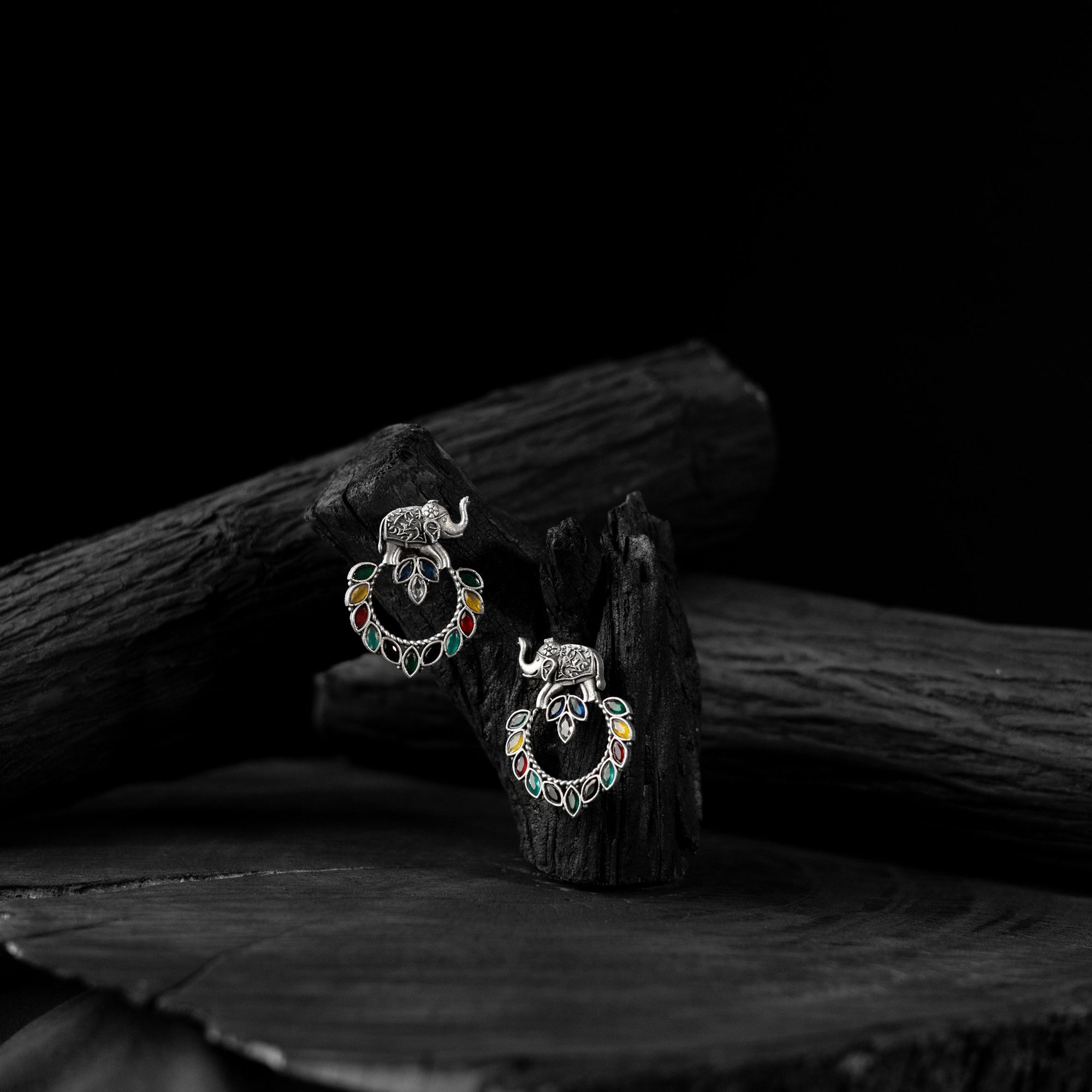 Saanjh Bela Elephant Motif Multicolor Oxidised Earrings