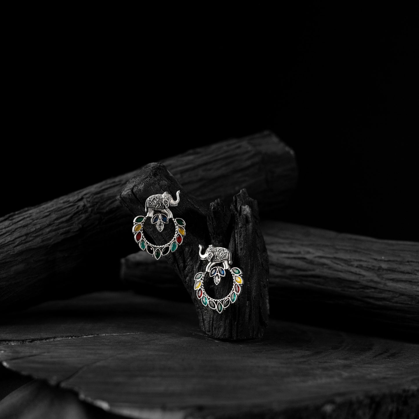 Saanjh Bela Elephant Motif Multicolor Oxidised Earrings