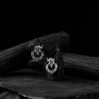 Saanjh Bela Elephant Motif Multicolor Oxidised Earrings