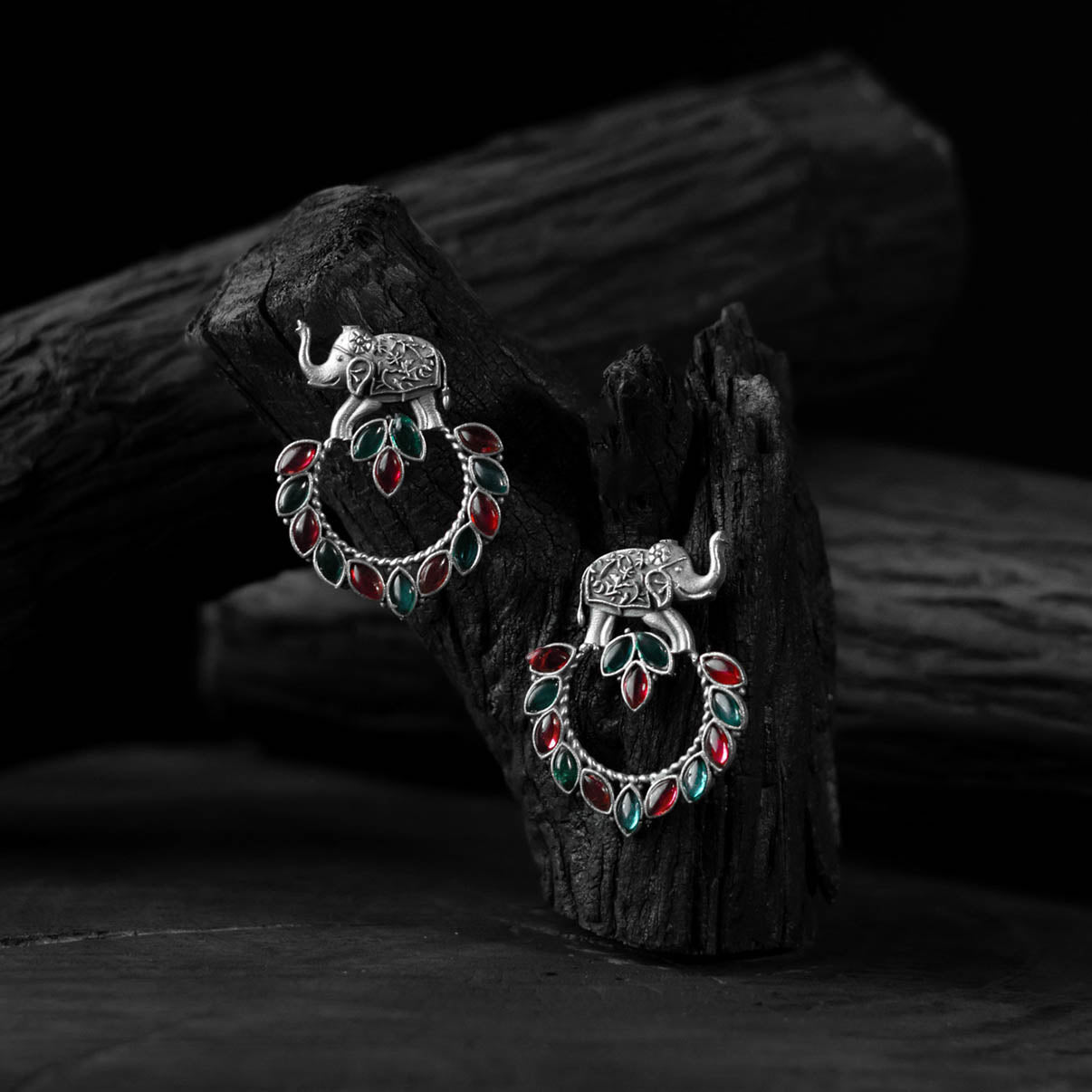 Saanjh Bela Elephant Motif Green & Red Oxidised Earrings