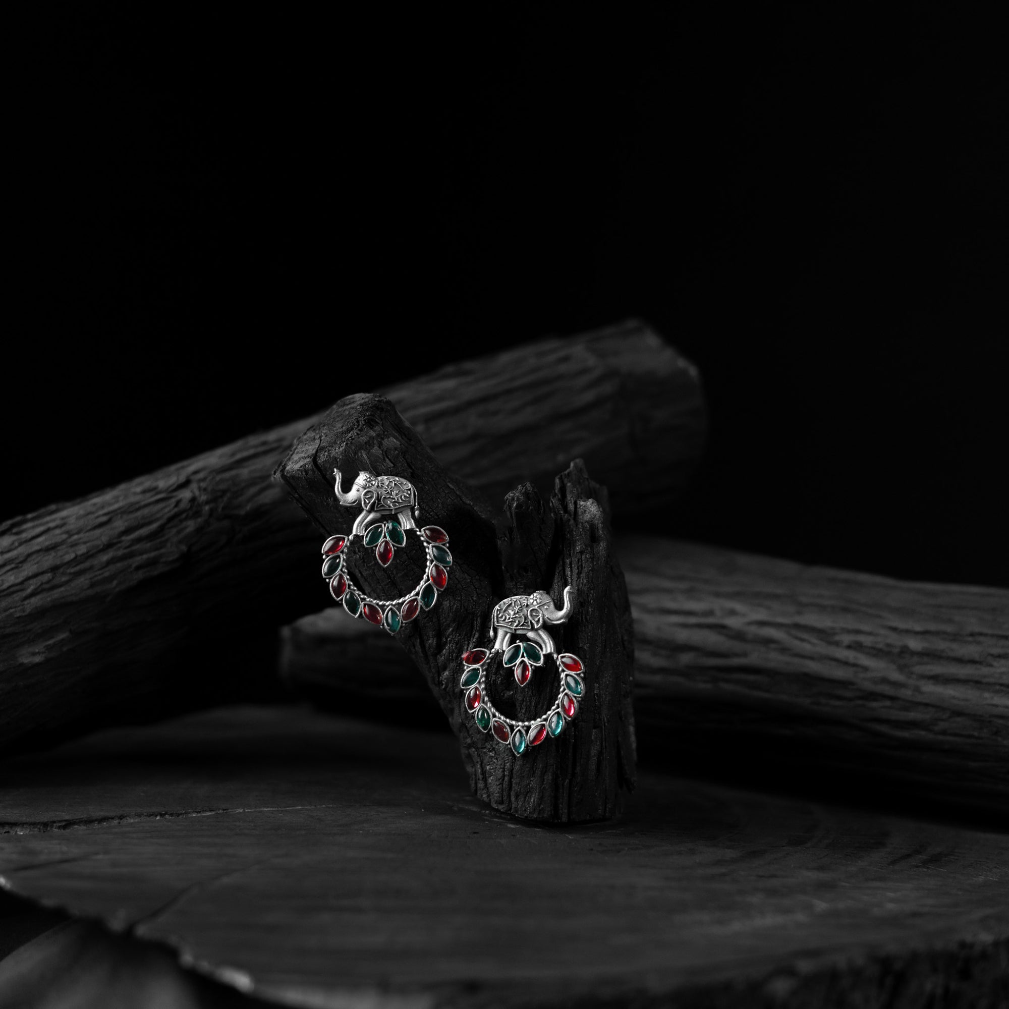 Saanjh Bela Elephant Motif Green & Red Oxidised Earrings