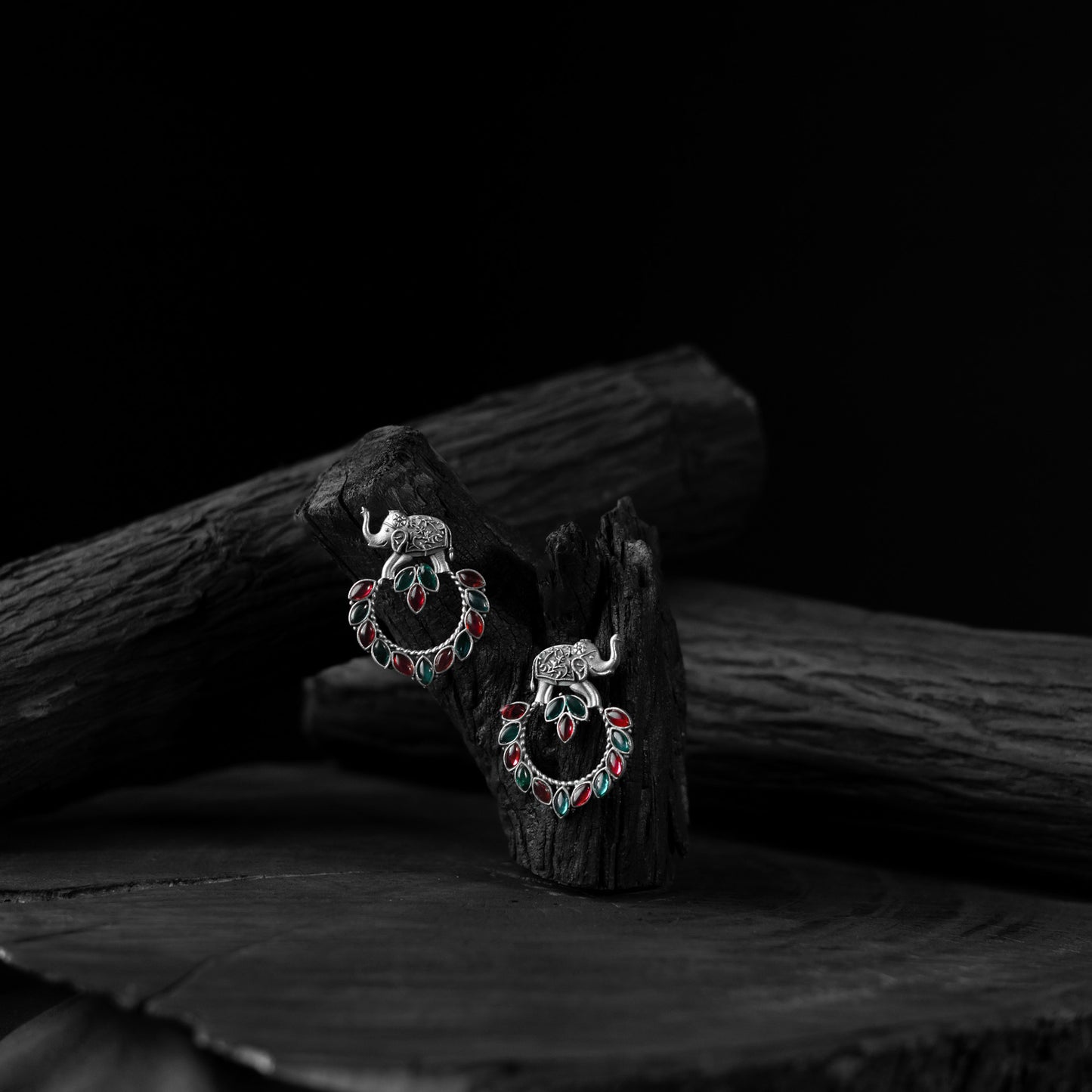 Saanjh Bela Elephant Motif Green & Red Oxidised Earrings