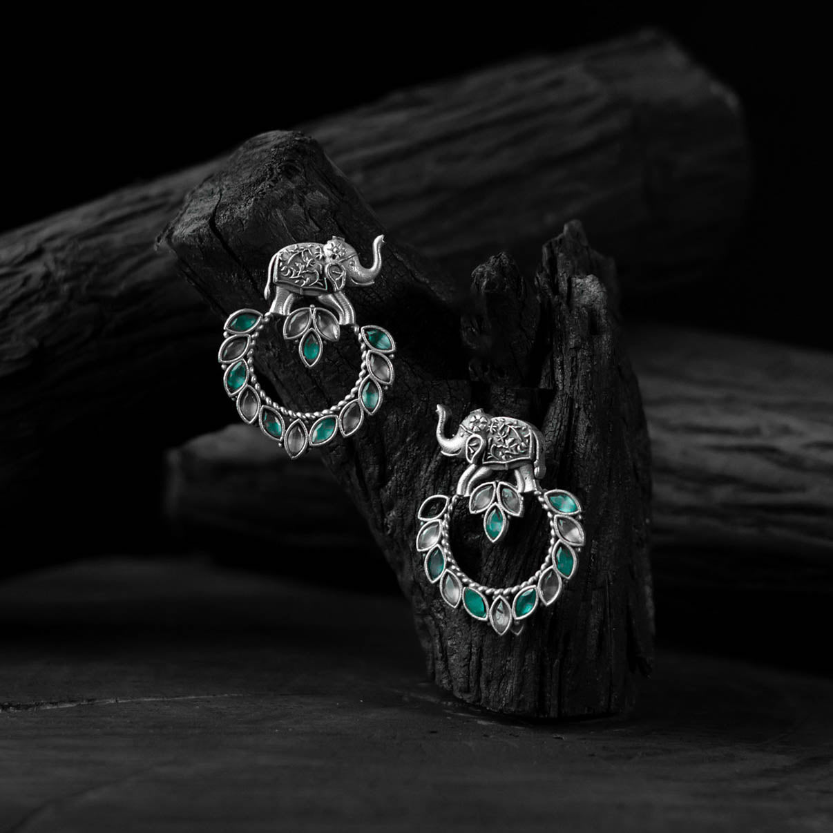 Green & Grey Elephant Saanjh Bela Oxidised Earrings