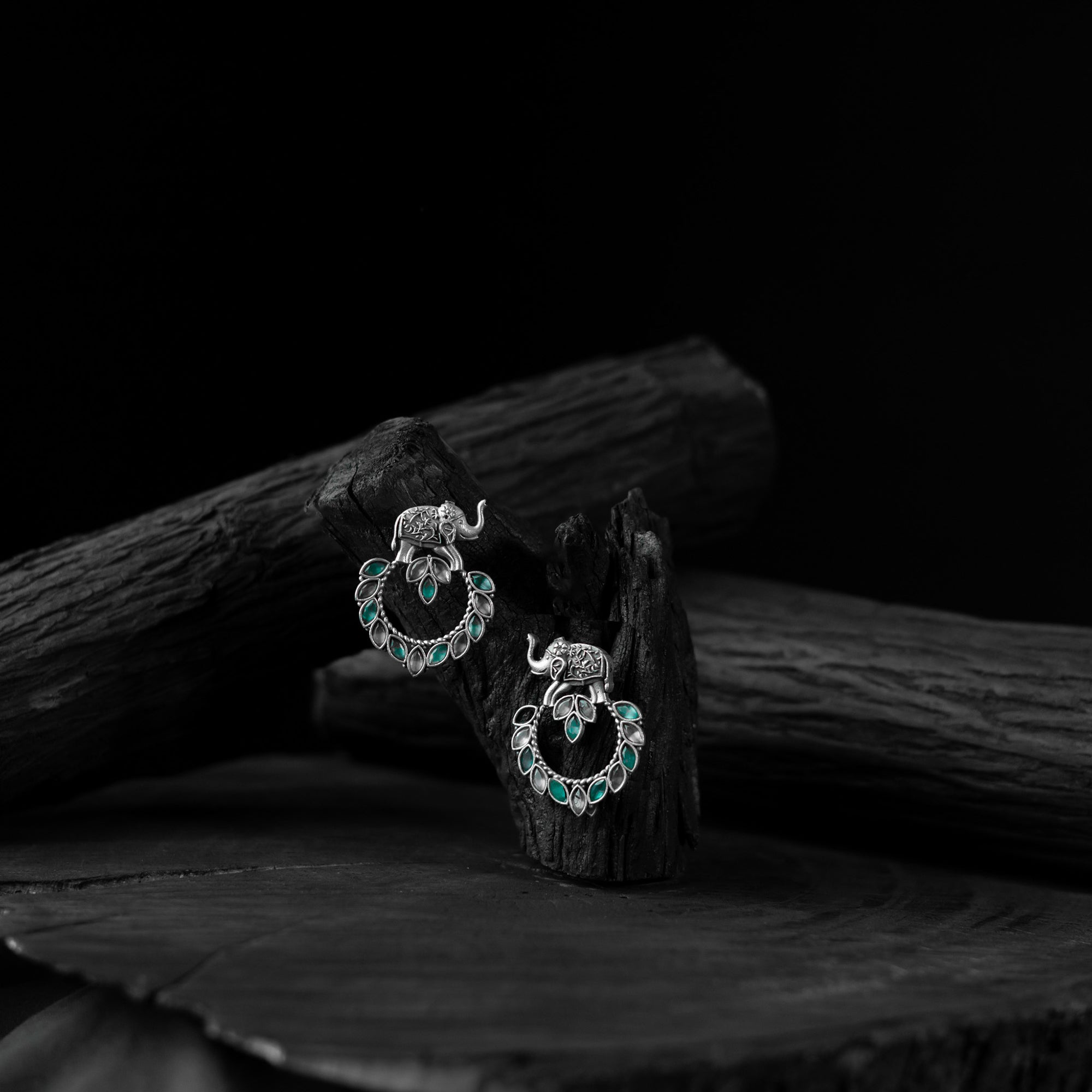 Green & Grey Elephant Saanjh Bela Oxidised Earrings