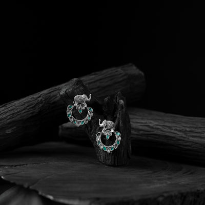 Green & Grey Elephant Saanjh Bela Oxidised Earrings