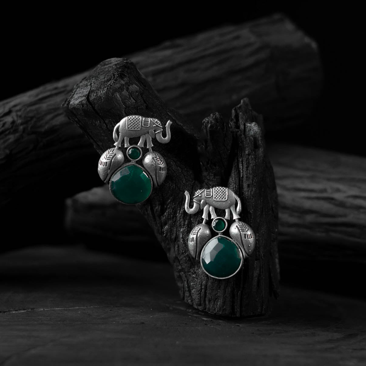Saanjh Bela Green Elephant & Leaves Oxidised Earrings