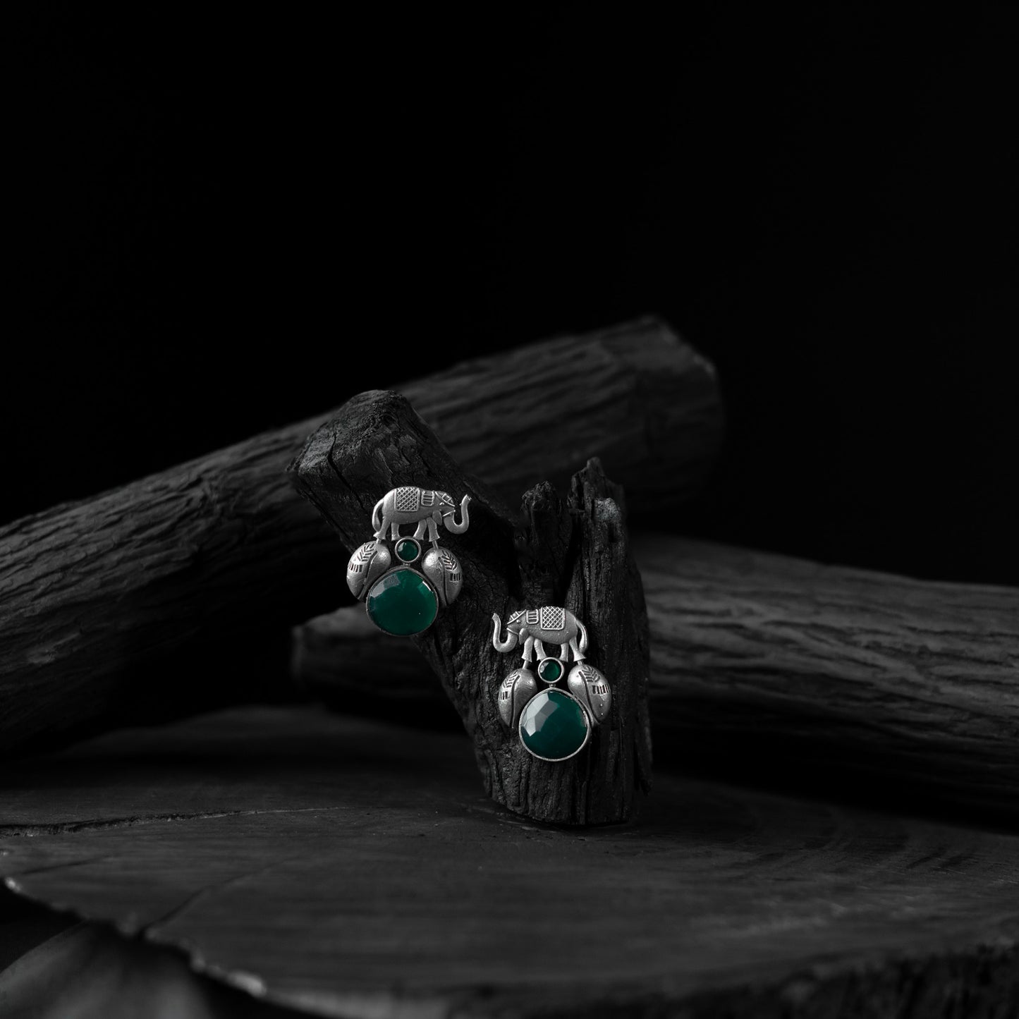 Saanjh Bela Green Elephant & Leaves Oxidised Earrings