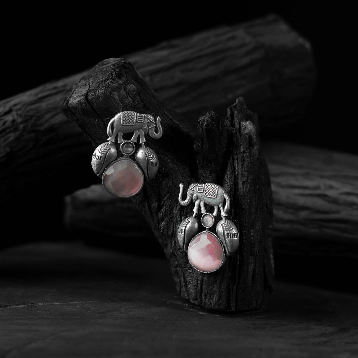 Saanjh Bela Pink Elephant & Leaves Oxidised Earrings