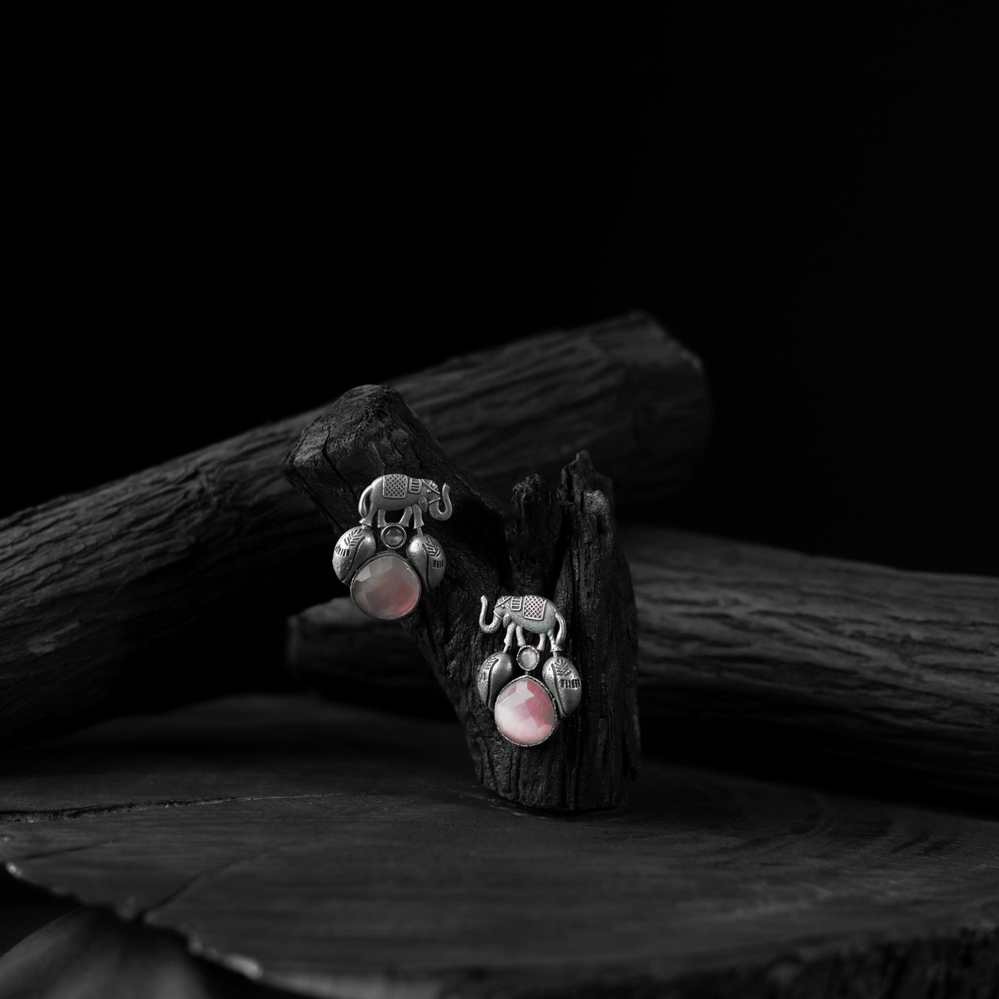 Saanjh Bela Pink Elephant & Leaves Oxidised Earrings