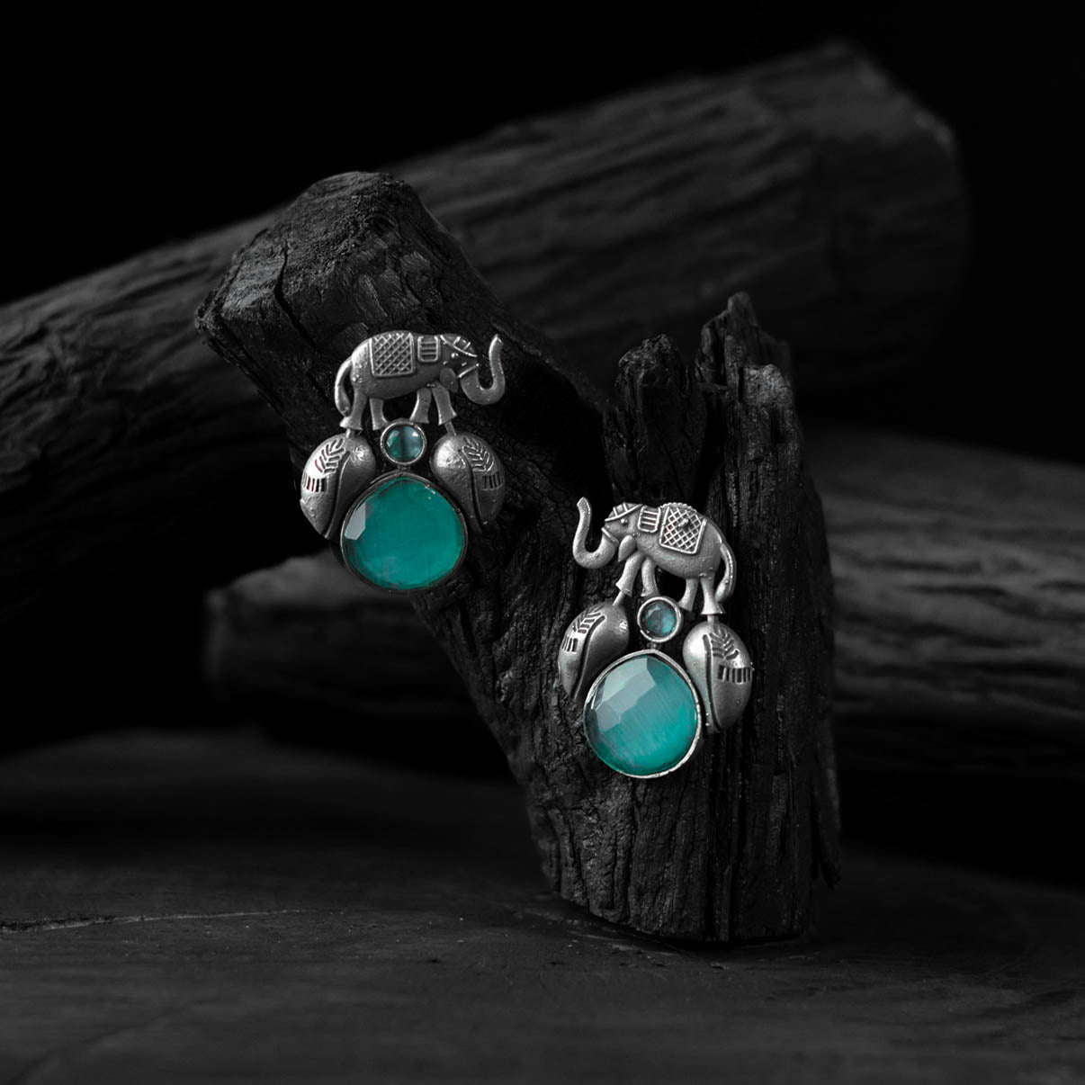 Saanjh Bela Teal Green Elephant & Leaves Oxidised Earrings