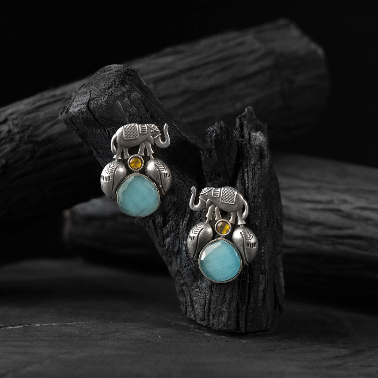Saanjh Bela Sky Blue Elephant & Leaves Oxidised Earrings