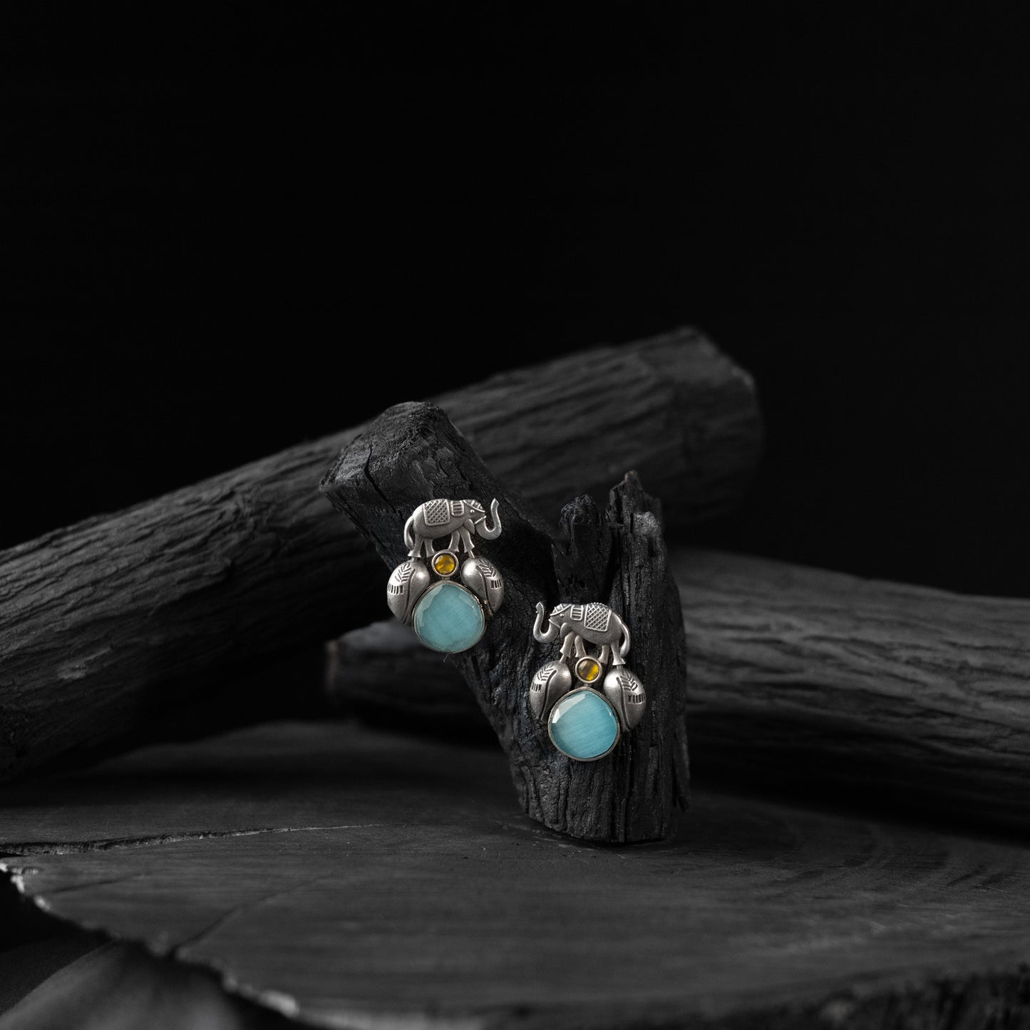 Saanjh Bela Sky Blue Elephant & Leaves Oxidised Earrings