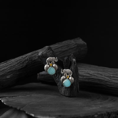 Saanjh Bela Sky Blue Elephant & Leaves Oxidised Earrings