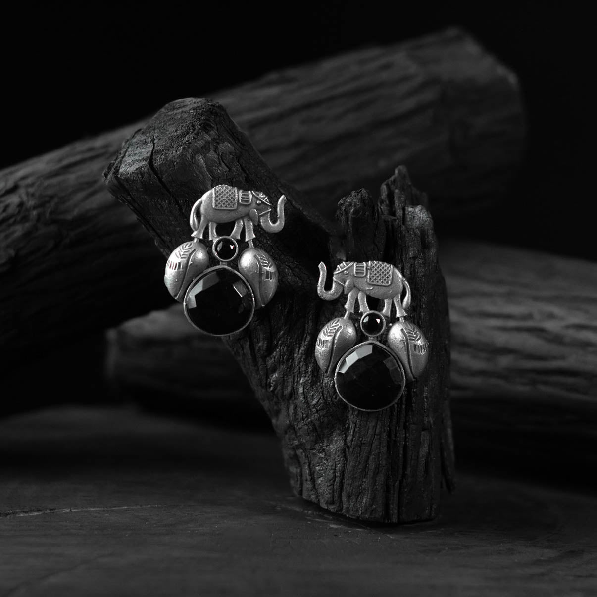 Saanjh Bela Black Elephant & Leaves Oxidised Earrings